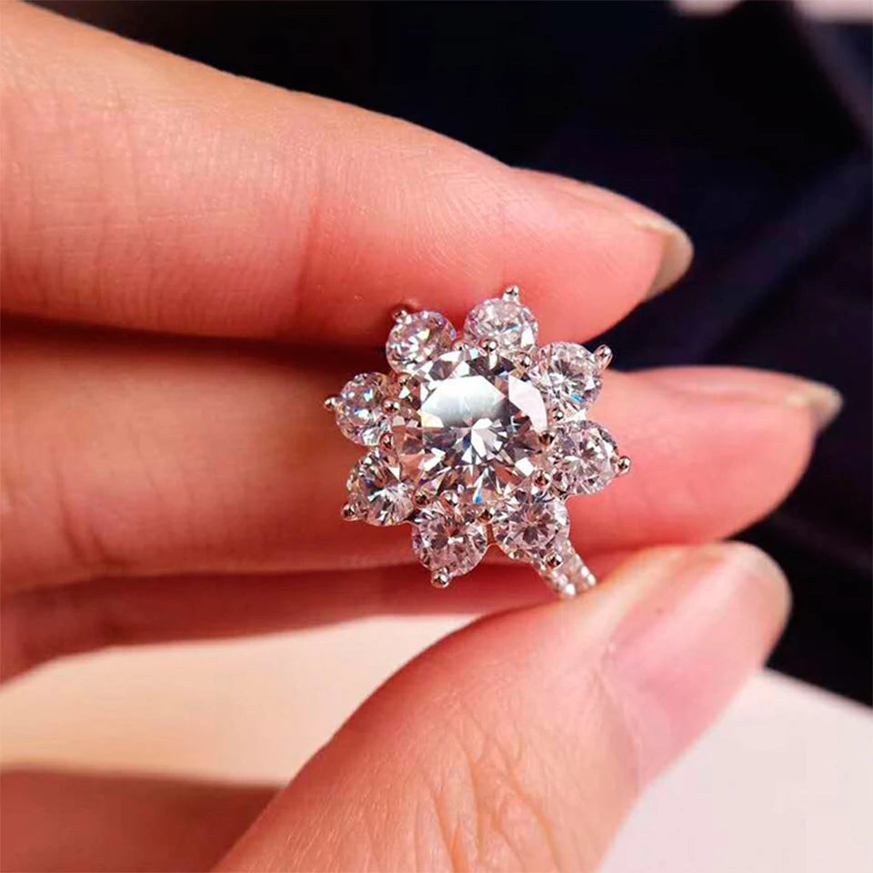 2 Carat Sunflower Real Moissanite Engagement Rings For Women 925 Sterling Silver 18K White Gold Plated Wedding Band with GRA