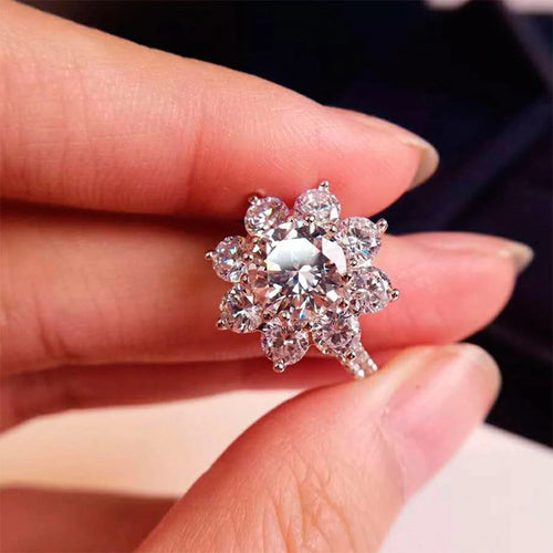 2 Carat Sunflower Real Moissanite Engagement Rings For Women 925 Sterling Silver 18K White Gold Plated Wedding Band with GRA