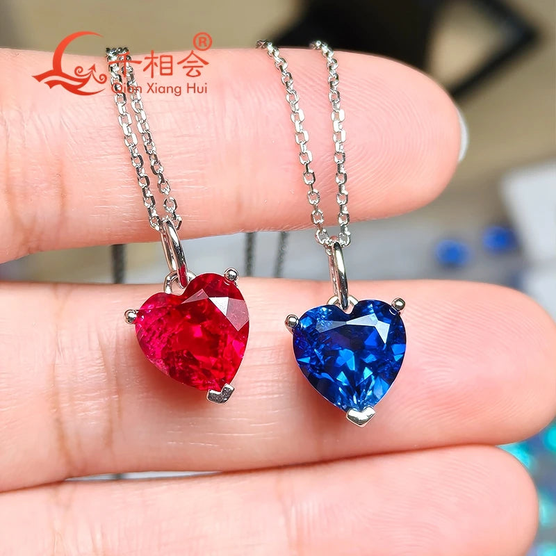 3.6ct 9*9mm S925 Silver Heart Shape Lab Grown Royal Blue/Cornflower Sapphire Pigeon Blood Red Inclusions Stone Pendant Necklace