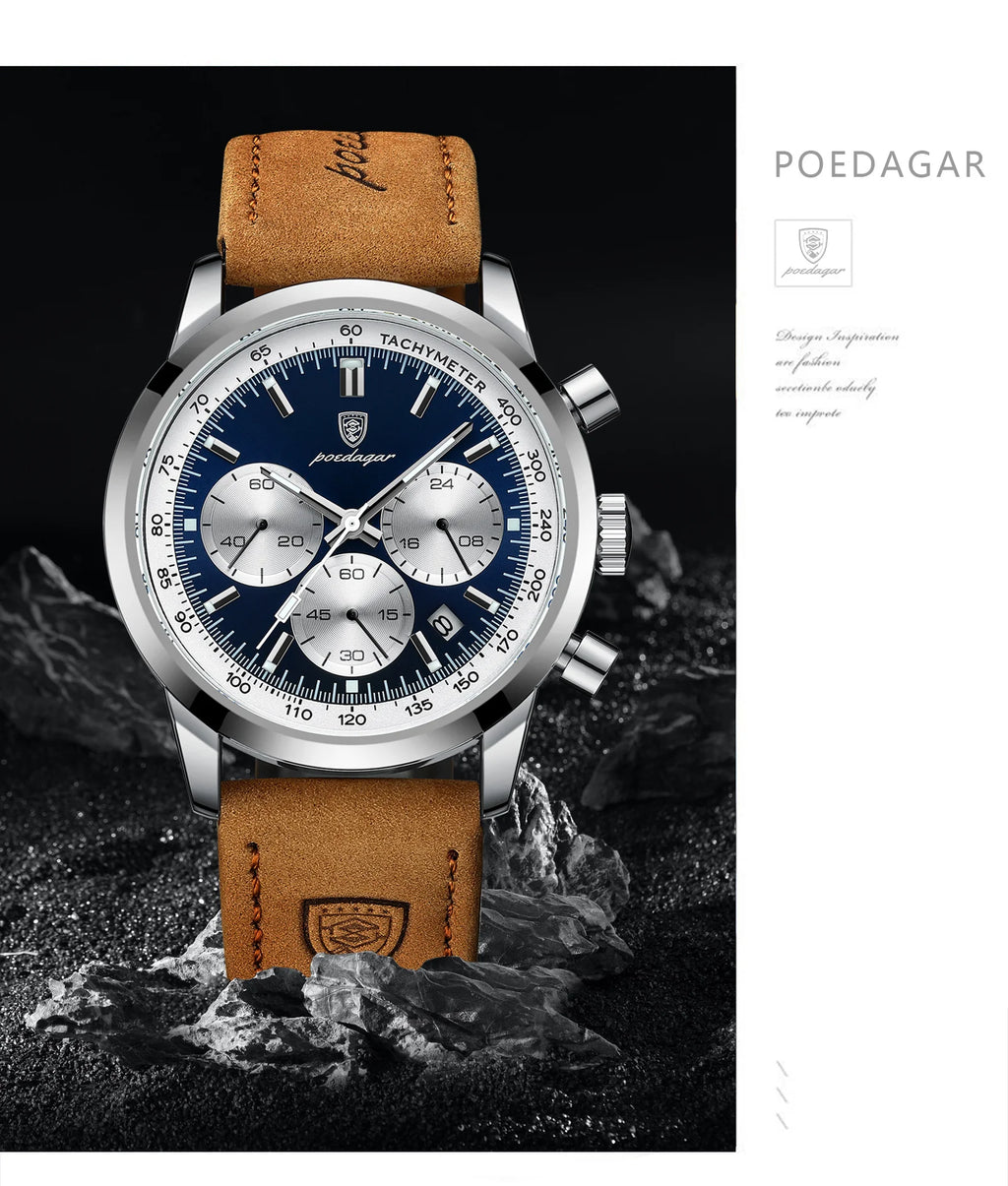 POEDAGAR Luxury Men's Quartz Wristwatch Chronograph Date Leather Man Watch Waterproof Luminous High Quality Fashion Men Watches
