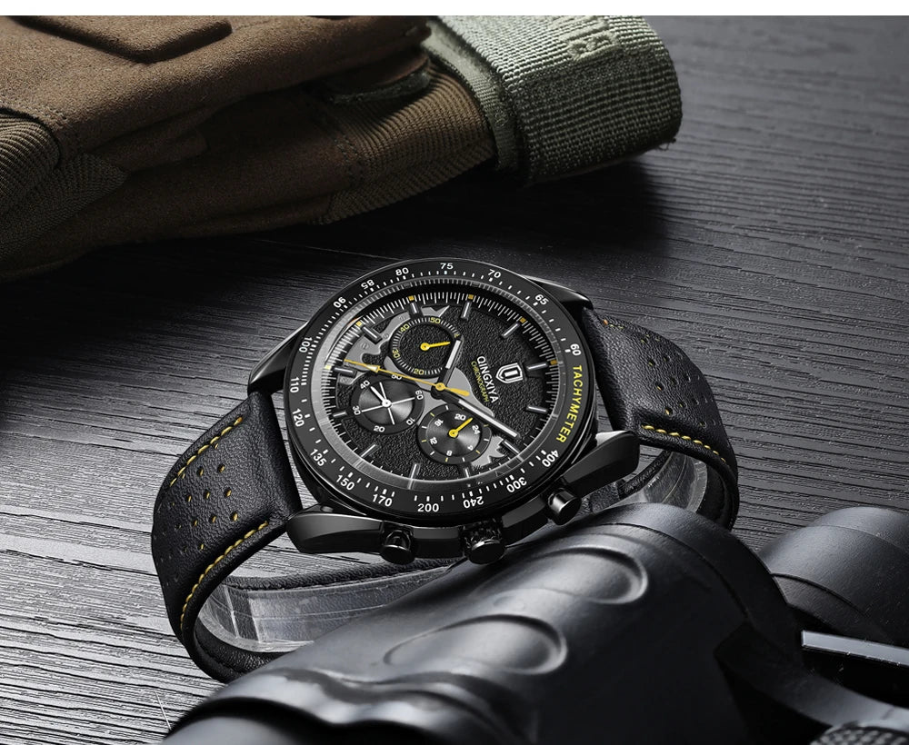 QINGXIYA Watch for Man Fashion Quartz Watch Leather Waterproof Luminous Skeleton Sport Chronograph Watches Mens Reloj Hombre