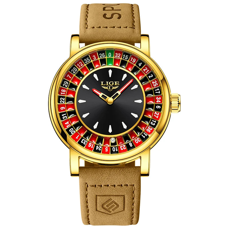 LIGE Fashion Brown Leather Men Watch Rotating Dial Las Vegas Roulette Desktop Theme Watch Men Waterproof Luminous Clock Watches