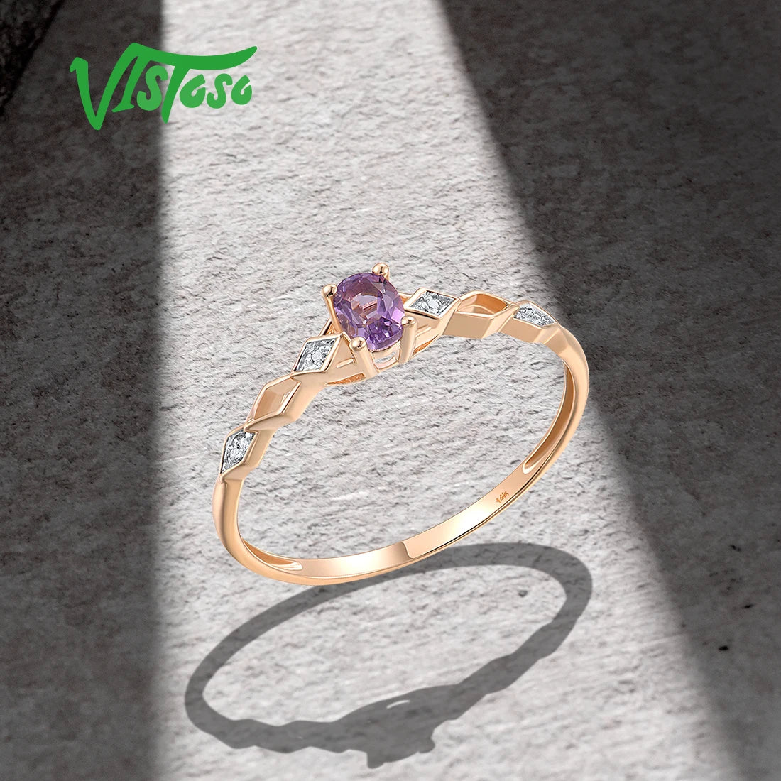 VISTOSO Genuine 14K 585 Rose Gold Ring For Women Sparkling Diamond Charming Amethyst Wedding Engagement Delicate Fine Jewelry