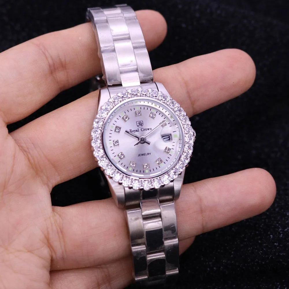 Royal Crown Women's Watch Japan Quartz Hours Fine Fashion Bracelet Jewelry Band Shell Luxury Rhinestones Girl Birthday Gift