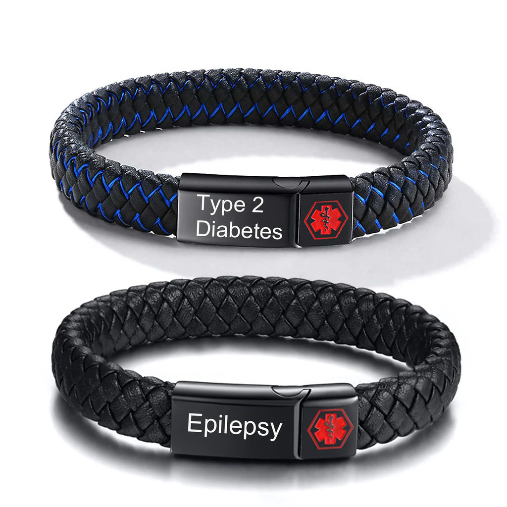 Red Medical Men's Bracelet,Black Genuine Leather ID Bracelet,Type 1/2 Diabetes Alzheimer Epilepsy Customize Bracelet for Dad