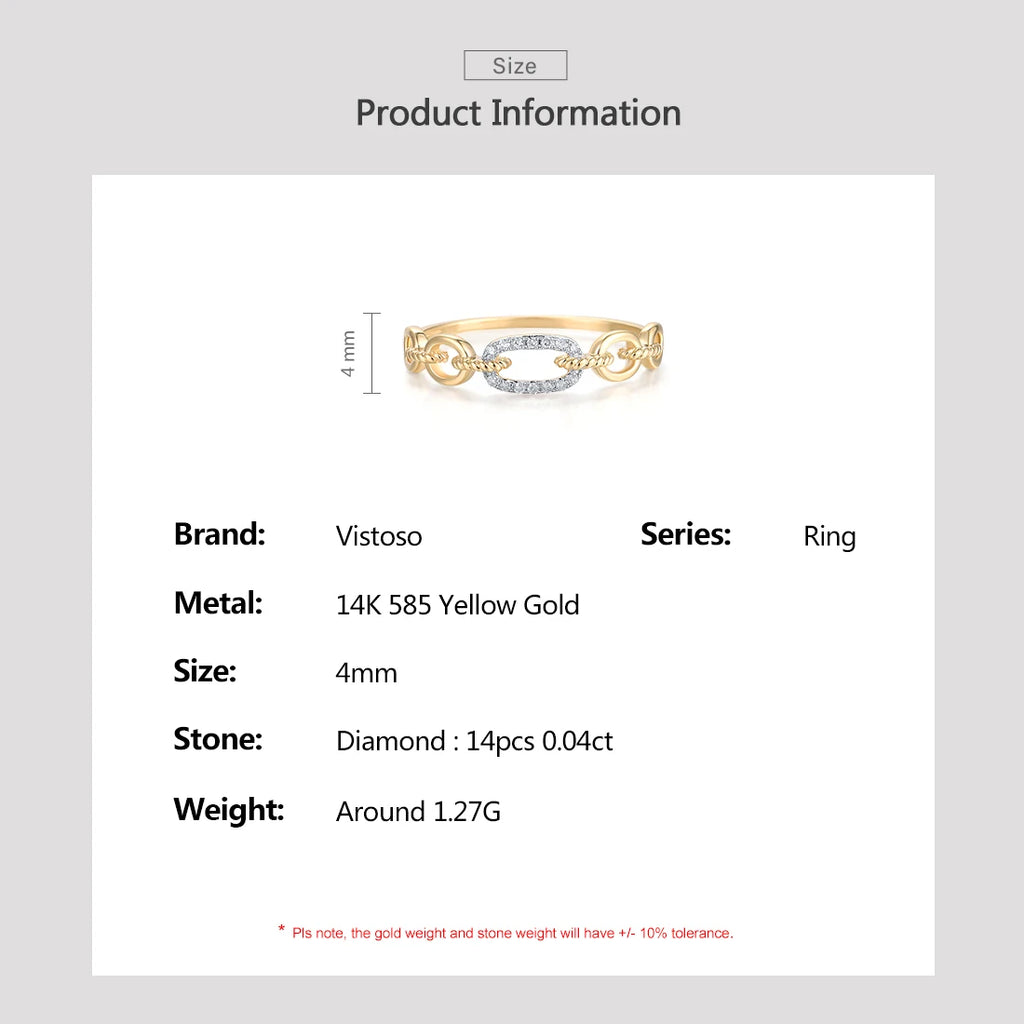 VISTOSO Pure 14K 585 Yellow Gold Ring For Women Sparkling Diamond Chain Link Stackable Concise Wedding Gift Chic Fine Jewelry