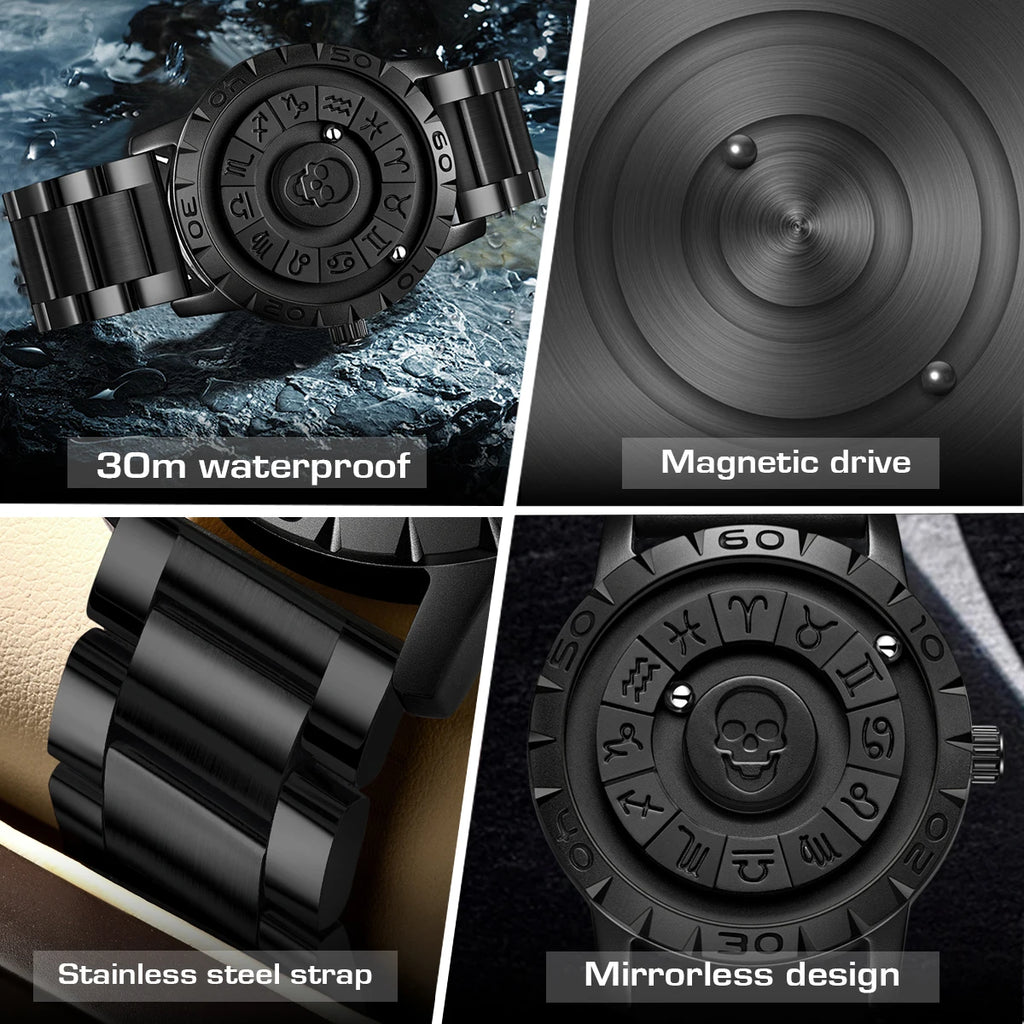 FOXOBOX New Original Luxury Skull Scrolling Pointer Magnetic Force Watch Men Military Sport Waterproof Quartz Wristwatch Clock