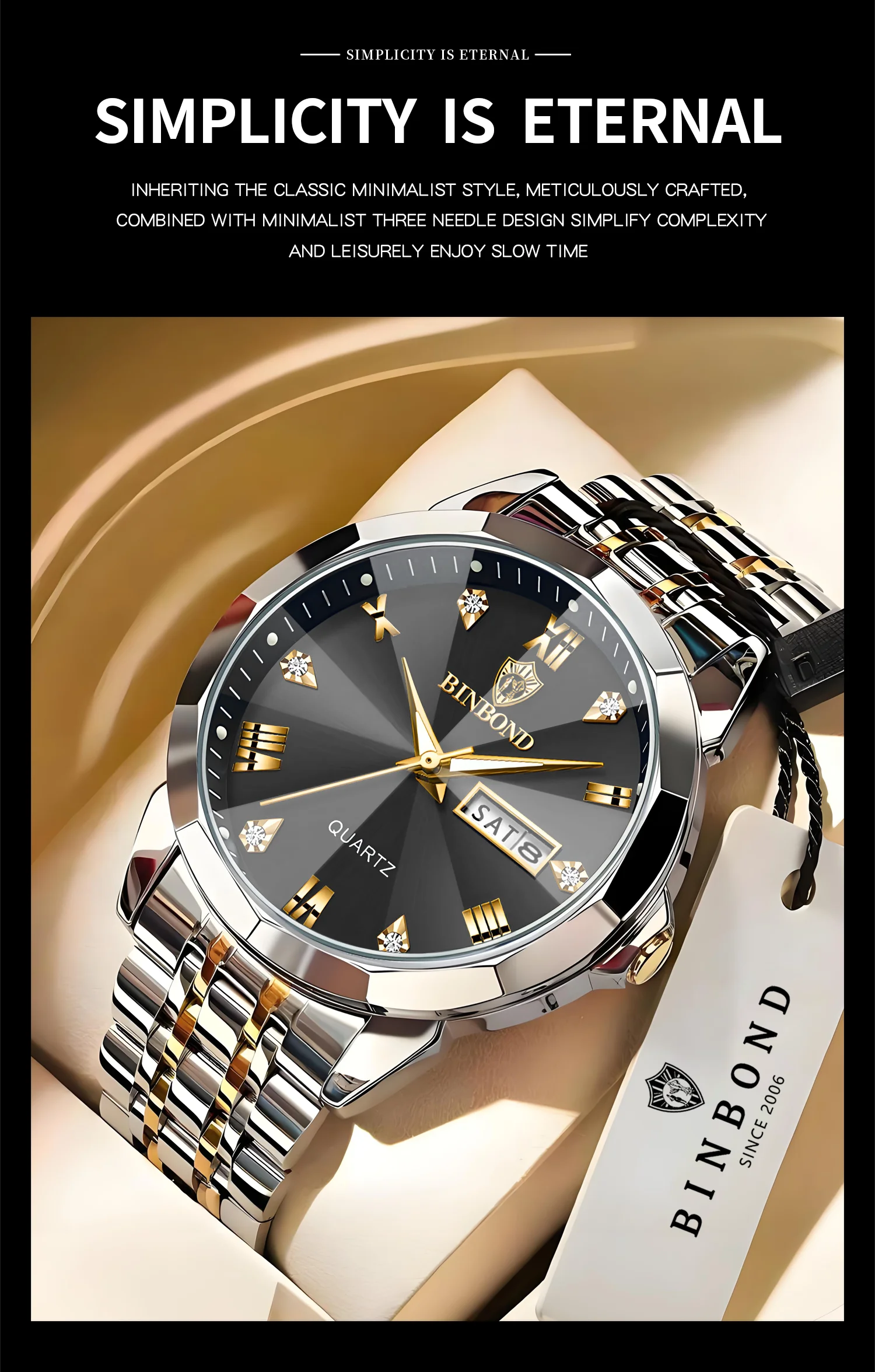 BINBOND Taper Glass Luxury Quartz Wristwatches For Men Luminous Waterproof Precise Durable men's Watch Stainless Steel Reloj