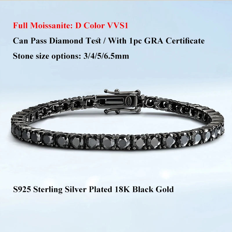 EWYA Full 3/4/5/6.5mm Black Moissanite Tennis Bracelet for Men Women Unisex 925 Silver Plated 18K Black Gold Hip Hop Bracelets