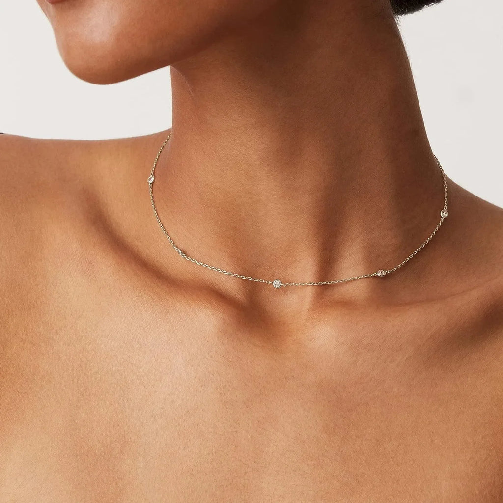 K Gold Plated Station Necklace Silver Plated Diamond Necklace For Women Simulated Diamond Necklaces Gift for Women CZ Chain