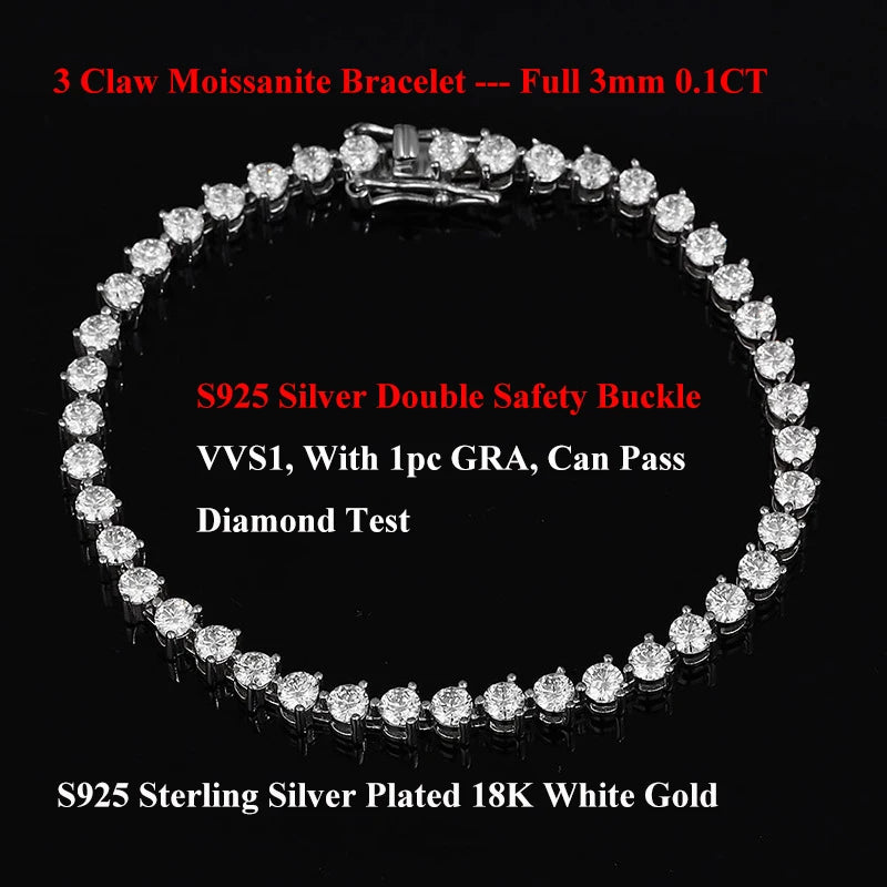 EWYA 3 Prong 2.5mm 3mm Full D Color Moissanite Diamond Tennis Bracelet for Women 925 Silver Link Chain Spring Buckle Bracelets