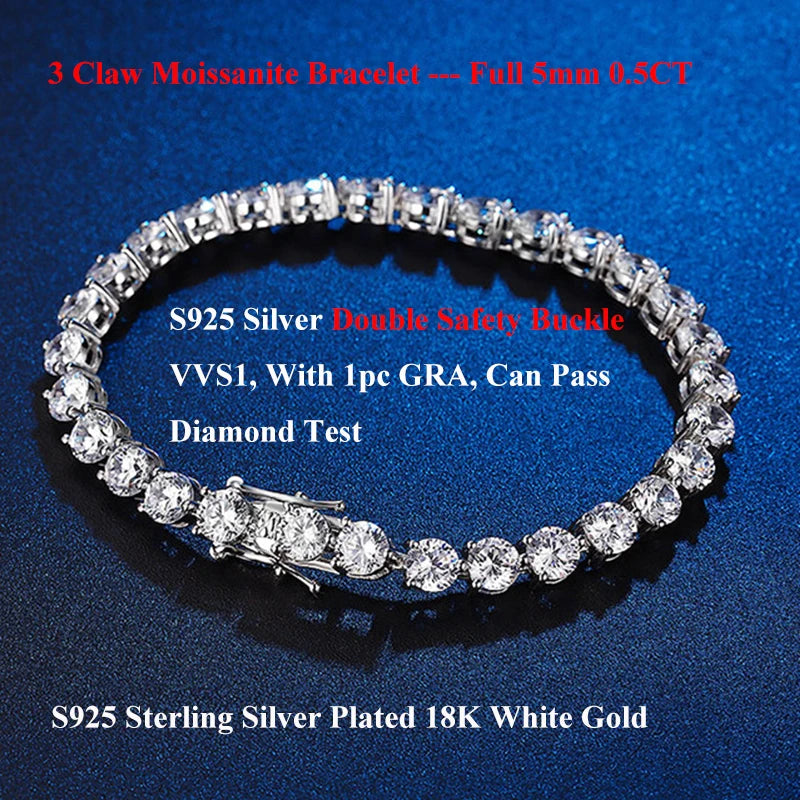 EWYA 3 Prong 2.5mm 3mm Full D Color Moissanite Diamond Tennis Bracelet for Women 925 Silver Link Chain Spring Buckle Bracelets