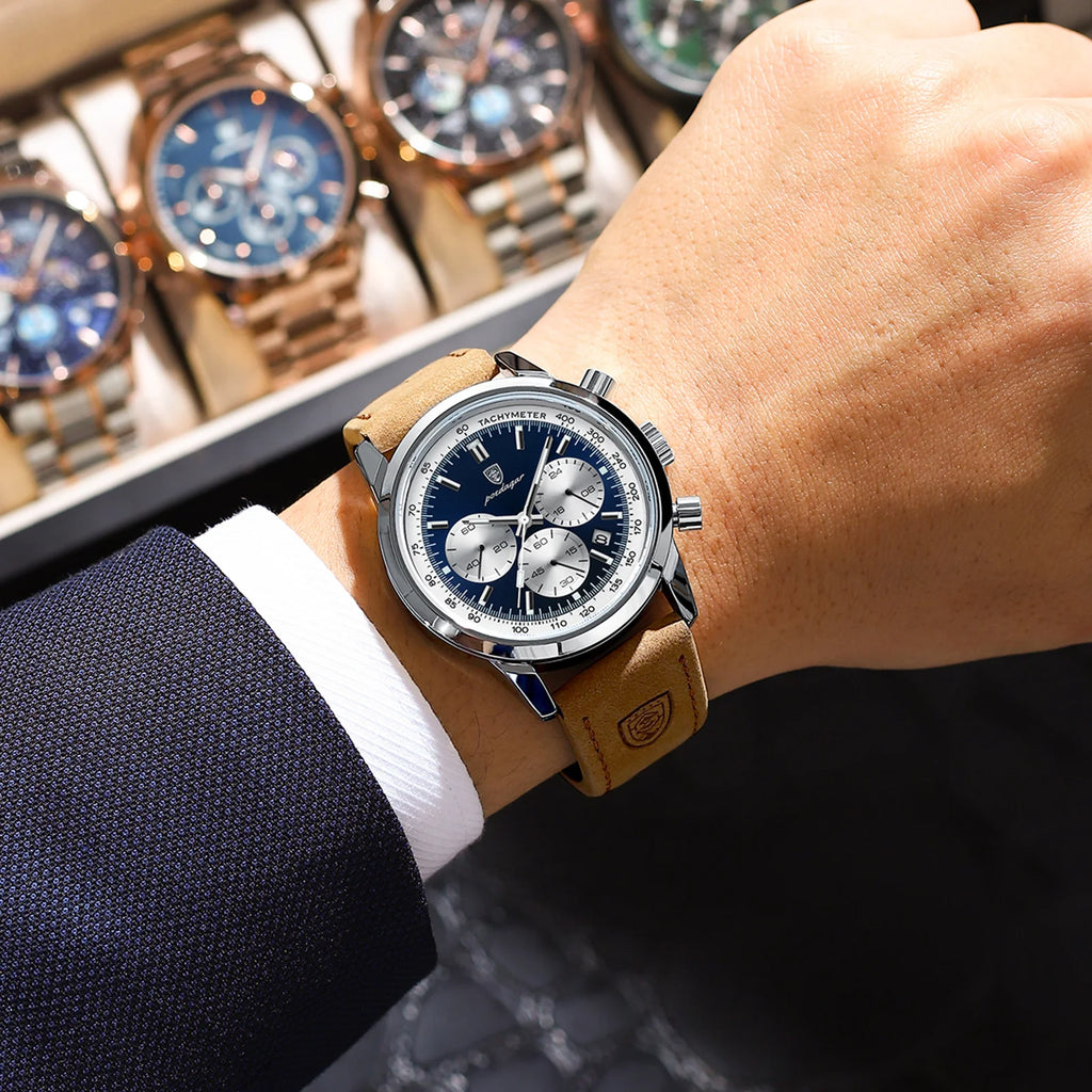 POEDAGAR Luxury Men's Quartz Wristwatch Chronograph Date Leather Man Watch Waterproof Luminous High Quality Fashion Men Watches