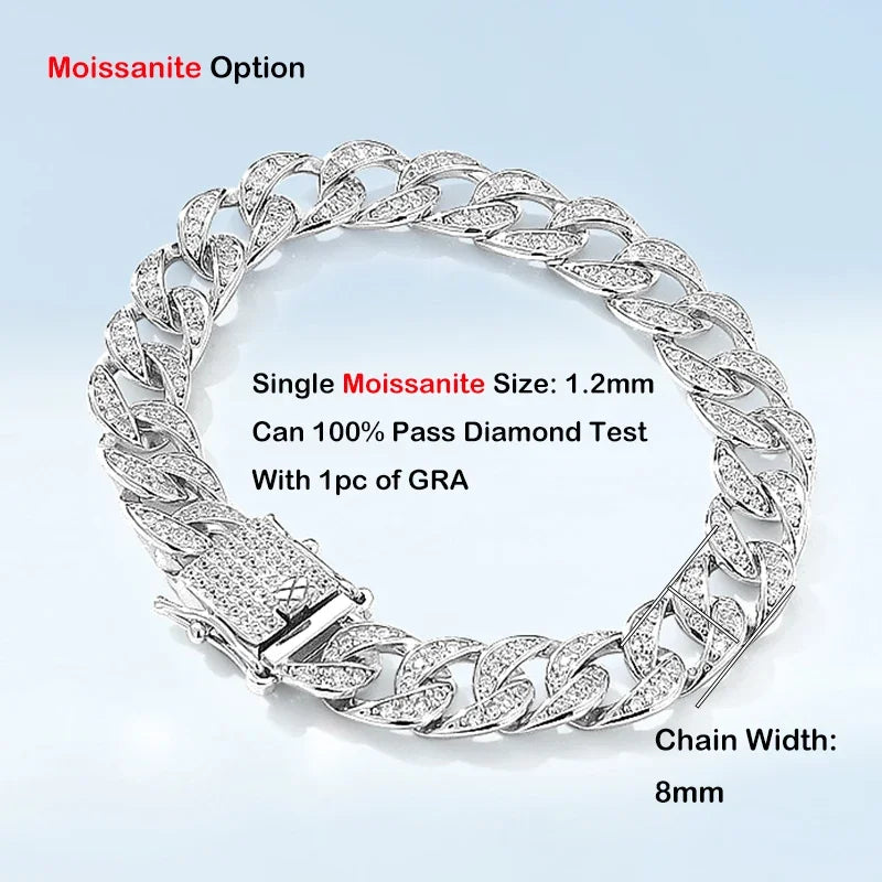 EWYA Full 1.2mm D Color Moissanite Cuban Chain Bracelet For Men Women S925 Silver Pass Diamond Test 8mm Wide Link Bracelets Gift