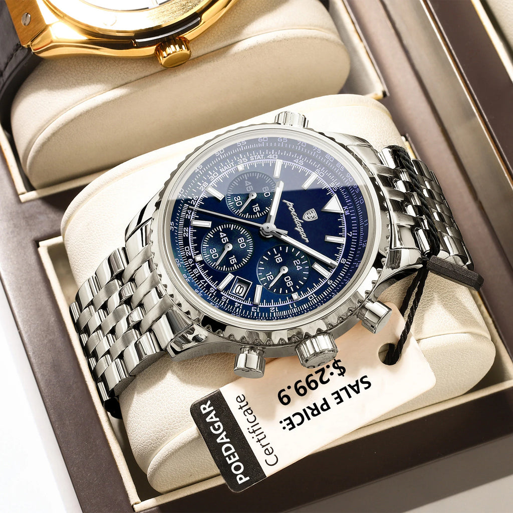 POEDAGAR Luxury Sport Man Watch Chronograph Date Waterproof Luminous Men's Quartz Watches Stainless Steel Fashion Men Wristwatch