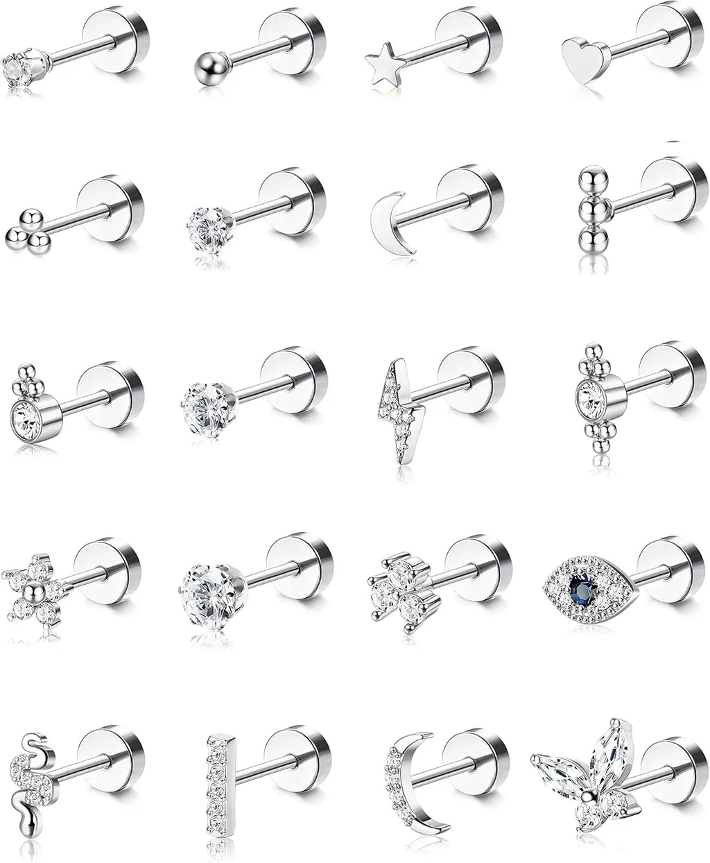 Bobisty 20PCS Flat Back Stud Earrings Surgical Steel Cartilage Earrings Tiny Ball Heart Star 20G Small Hypoallergenic Studs Set