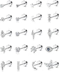 Bobisty 20PCS Flat Back Stud Earrings Surgical Steel Cartilage Earrings Tiny Ball Heart Star 20G Small Hypoallergenic Studs Set