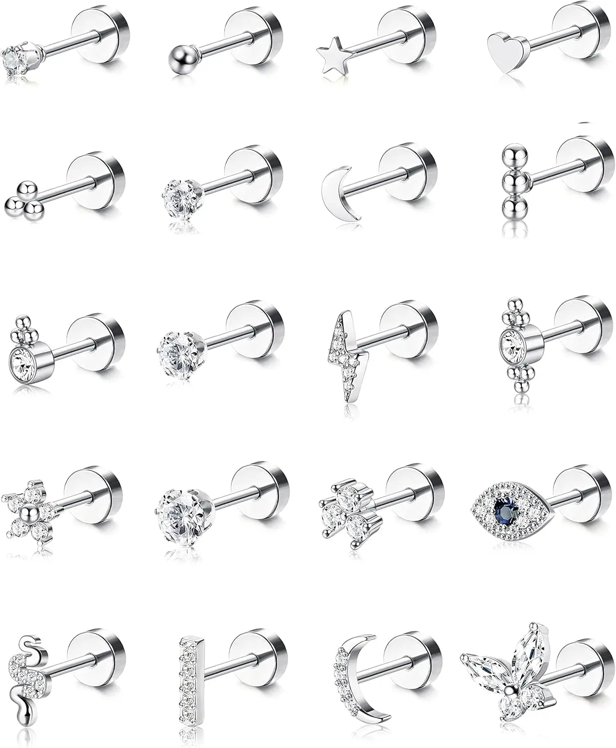 Bobisty 20PCS Flat Back Stud Earrings Surgical Steel Cartilage Earrings Tiny Ball Heart Star 20G Small Hypoallergenic Studs Set