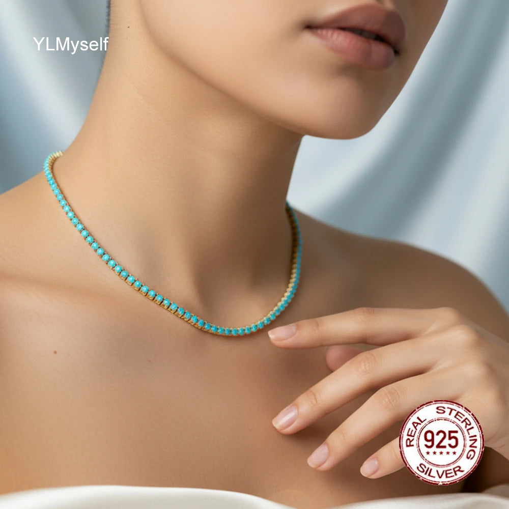 Turquoise Blue 3mm Stone Real 925 Sterling Silver Tennis Chain Necklace Choker 18K Gold/Rhodium Plated 16-24 Inch Fine Jewelry