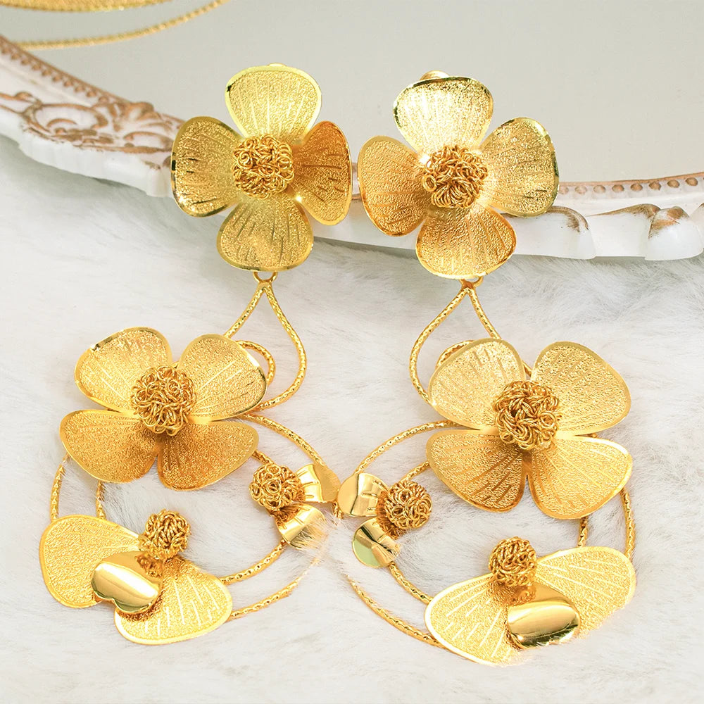 YTJX  18K Gold Color Flower Earrings For Women Design Geometric Hollow-out Big Earrings Party Jewelry  2025 New Christmas Gifts