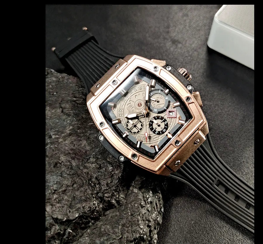 MEGIR & RUIMAS Watches for Men Fashion Military Sport Tonneau Chronograph Quartz Wristwatch with Date 24-hour 3atm Waterproof