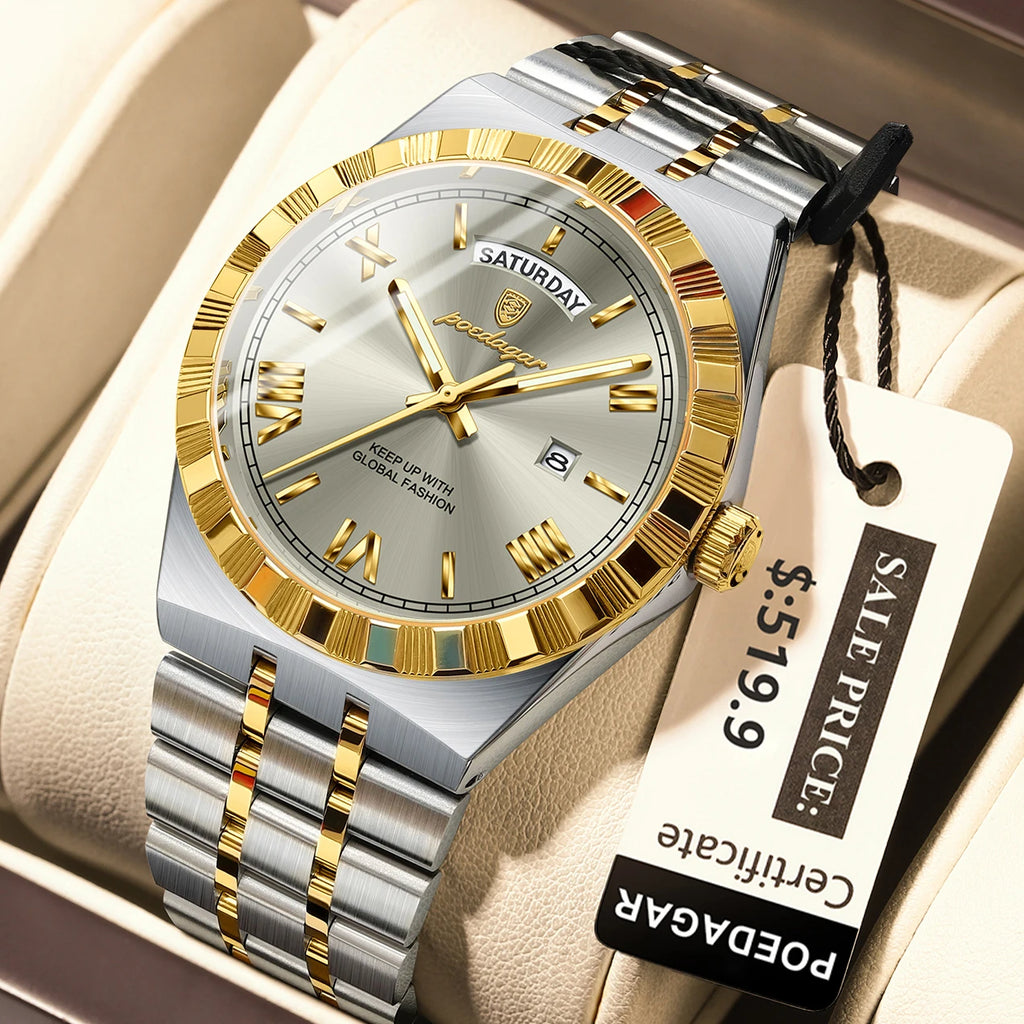 POEDAGAR Luxury Business Man Watch Week Date Waterproof Luminous Watches For Men Stainless Steel Quartz Men's Fashion Wristwatch