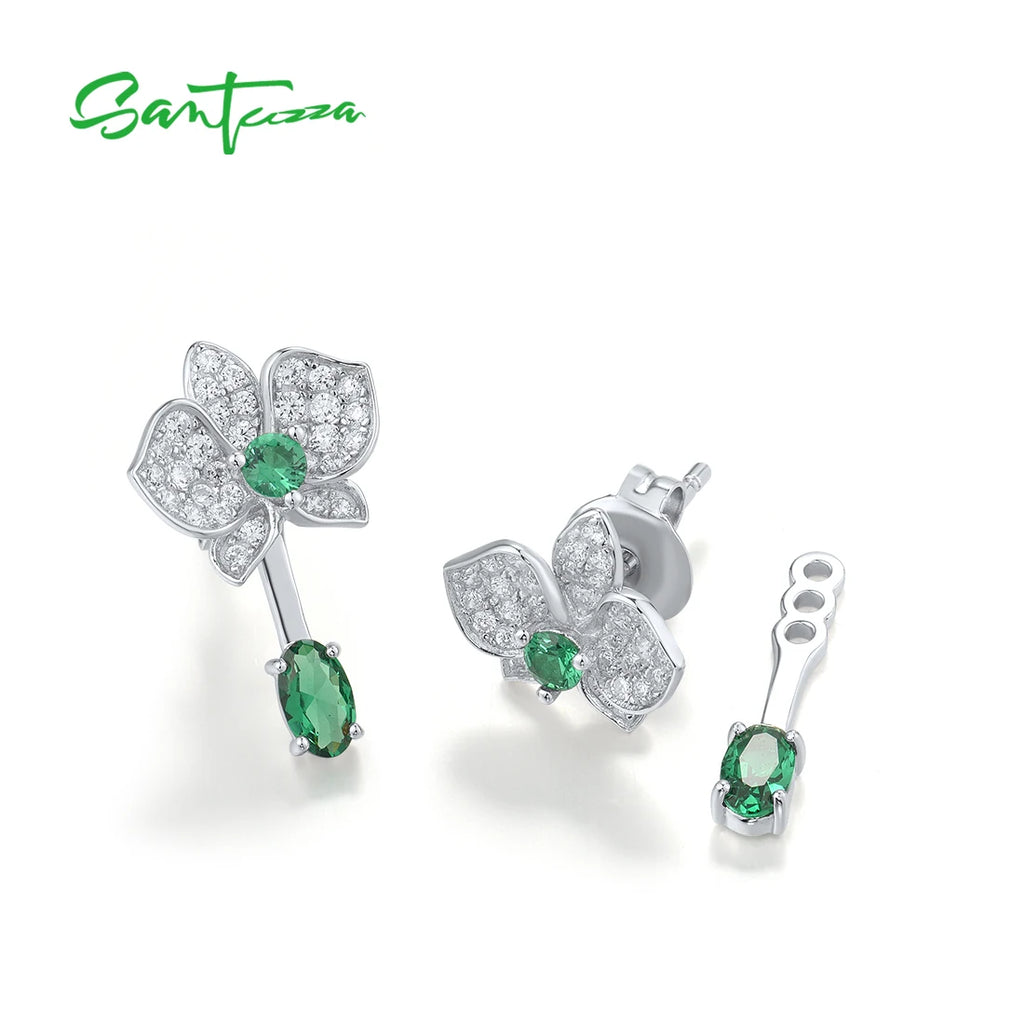SANTUZZA Real 925 Sterling Silver Stud Earrings For Women Sparkling White CZ Green Spinel Flower Dangling Delicate Fine Jewelry