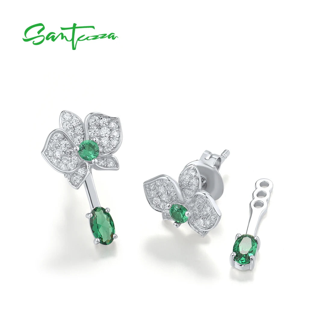 SANTUZZA Real 925 Sterling Silver Stud Earrings For Women Sparkling White CZ Green Spinel Flower Dangling Delicate Fine Jewelry