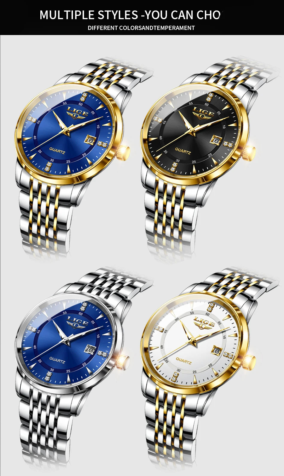LIGE Luxury Quartz Wristwatches Mens Watch Stainless Steel Watches Luminous Date Waterproof Outdoor Diving Sports Watch reloj