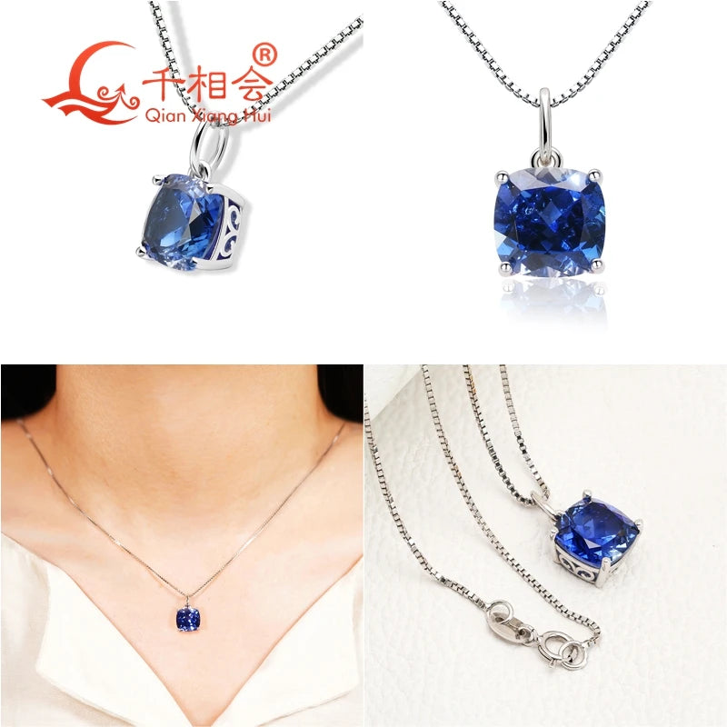 925 Silver 4ct 9*9mm Cushion Royal Blue/Cornflower Sapphire Pigeon Blood Red Ruby Inclusions Stone Jewelry for Pendant Necklace
