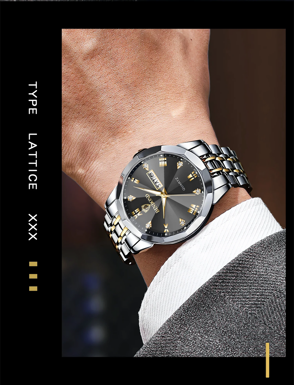 BINBOND Taper Glass Luxury Quartz Wristwatches For Men Luminous Waterproof Precise Durable men's Watch Stainless Steel Reloj