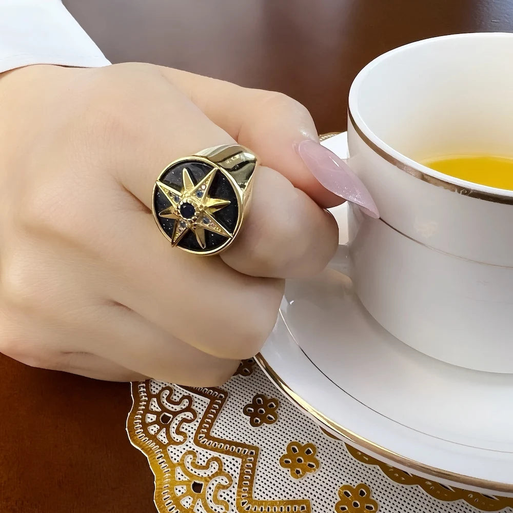Golden Royalty Star With Stones Ring Europe Fine Jewerly For Women Autumn Lucky Gift In 925 Sterling Silver