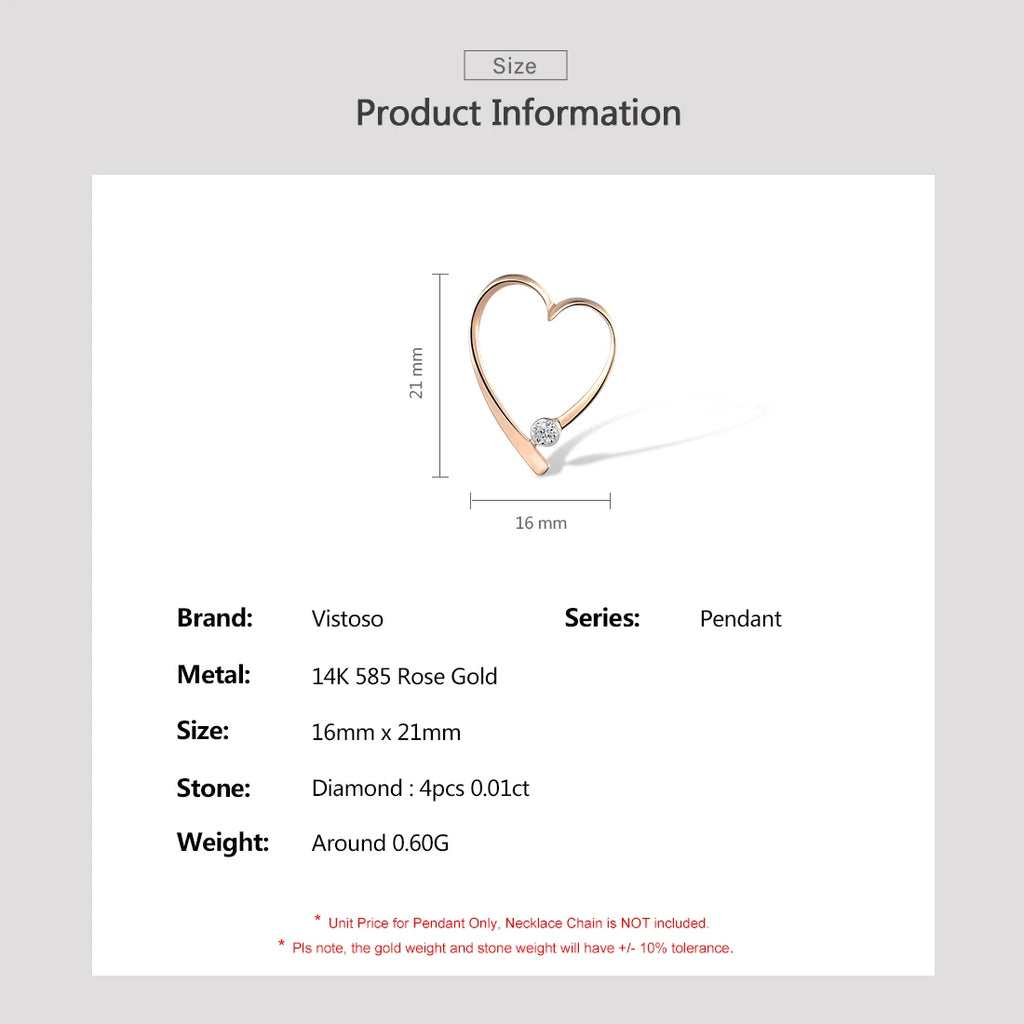 VISTOSO Gold Pendants For Women Pure 14K 585 Rose Gold Love Heart Sparkling Diamond Geometric Wedding Gifts Trendy Fine Jewelry