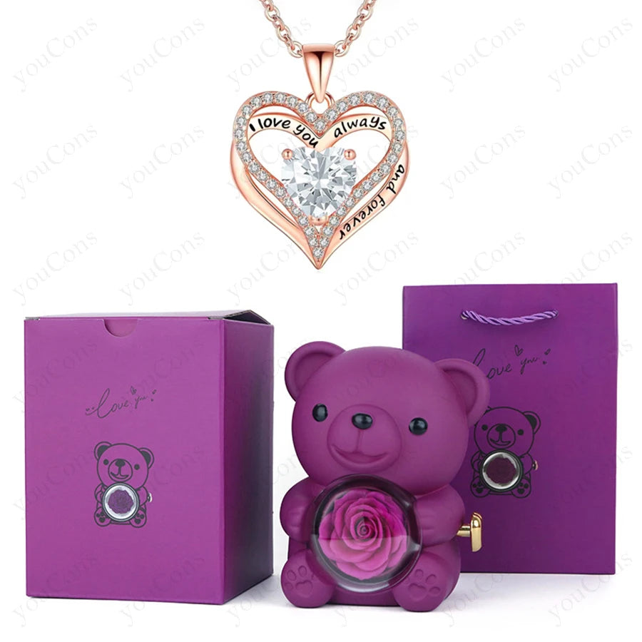 Red Heart Pendant Necklaces With Cute Bear Rose Gift Box For Women Mother Day 2026 Christmas Valentine Wedding Birthday Jewelry