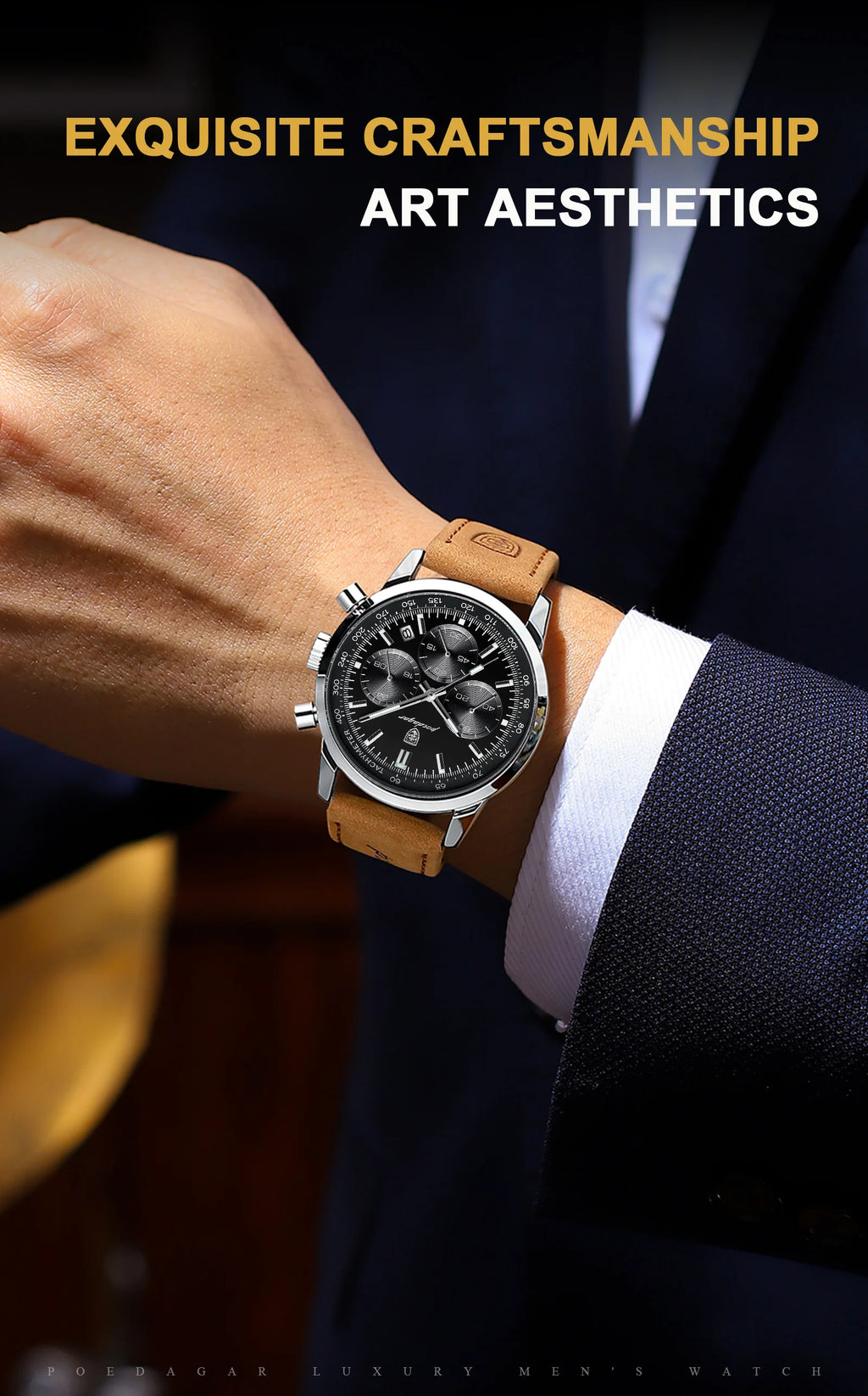 POEDAGAR Luxury Men's Quartz Wristwatch Chronograph Date Leather Man Watch Waterproof Luminous High Quality Fashion Men Watches
