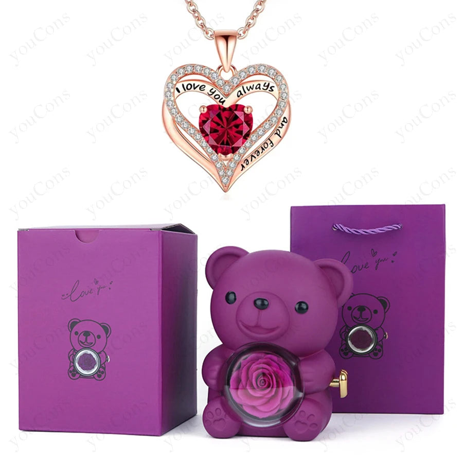 Red Heart Pendant Necklaces With Cute Bear Rose Gift Box For Women Mother Day 2026 Christmas Valentine Wedding Birthday Jewelry