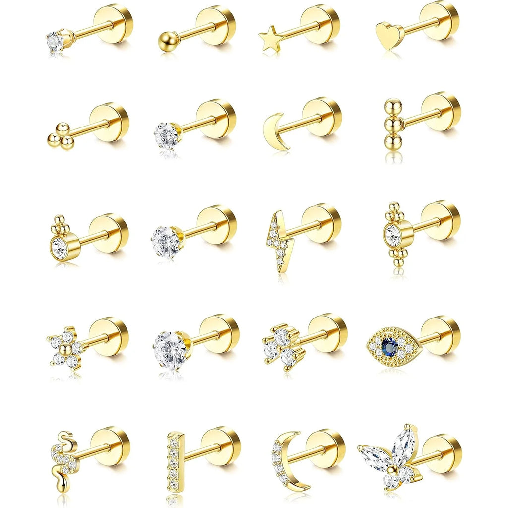 Bobisty 20PCS Flat Back Stud Earrings Surgical Steel Cartilage Earrings Tiny Ball Heart Star 20G Small Hypoallergenic Studs Set