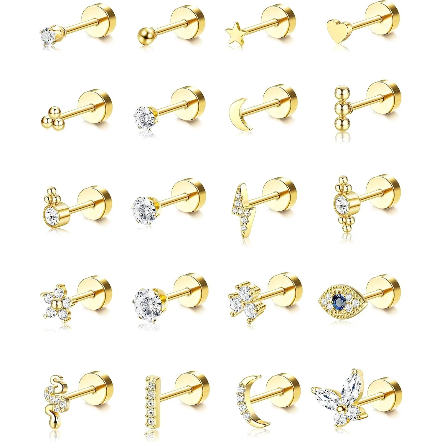 Bobisty 20PCS Flat Back Stud Earrings Surgical Steel Cartilage Earrings Tiny Ball Heart Star 20G Small Hypoallergenic Studs Set