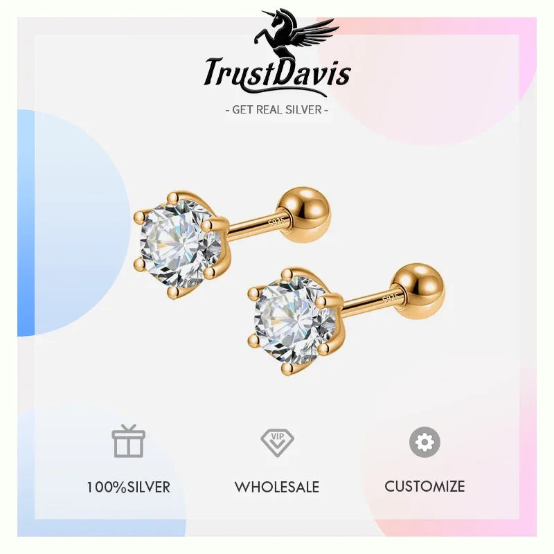 Trustdavis Real 925 Silver Fashion Gold Six Claw 3/4/5mm CZ Screw Stud Earrings for Women Daily Wear Fine Jewelry Gift DA2712