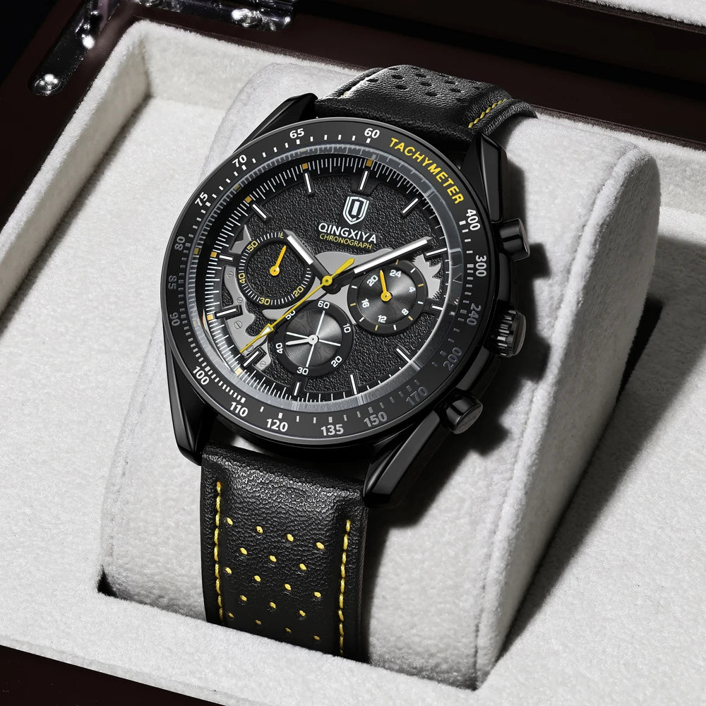 QINGXIYA Watch for Man Fashion Quartz Watch Leather Waterproof Luminous Skeleton Sport Chronograph Watches Mens Reloj Hombre