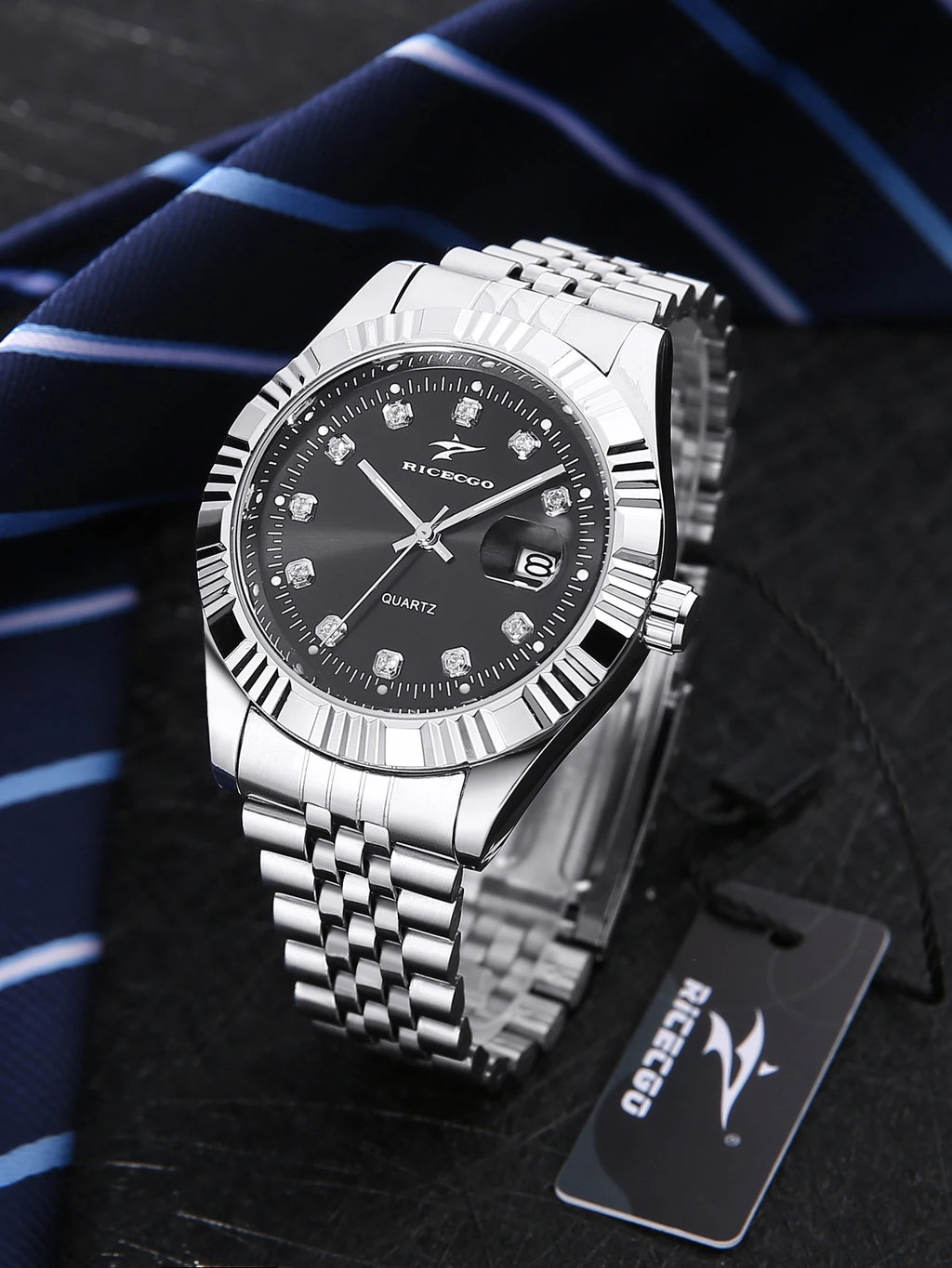 Business men's quartz wristwatch calendar display with diamonds showcases unique taste, making it the perfect gift for him