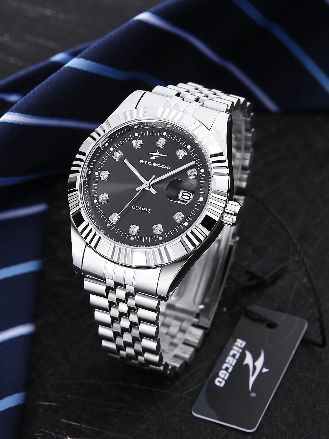 Business men's quartz wristwatch calendar display with diamonds showcases unique taste, making it the perfect gift for him