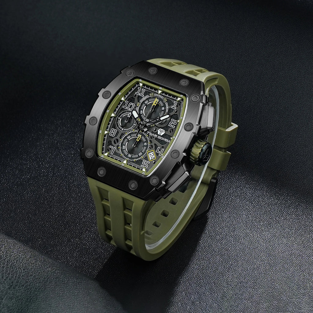 TSAR BOMBA Luxury Tonneau Quartz Watch for Men Japanese Movement, Stainless Steel Case,  Elegant Dress Wristwatch