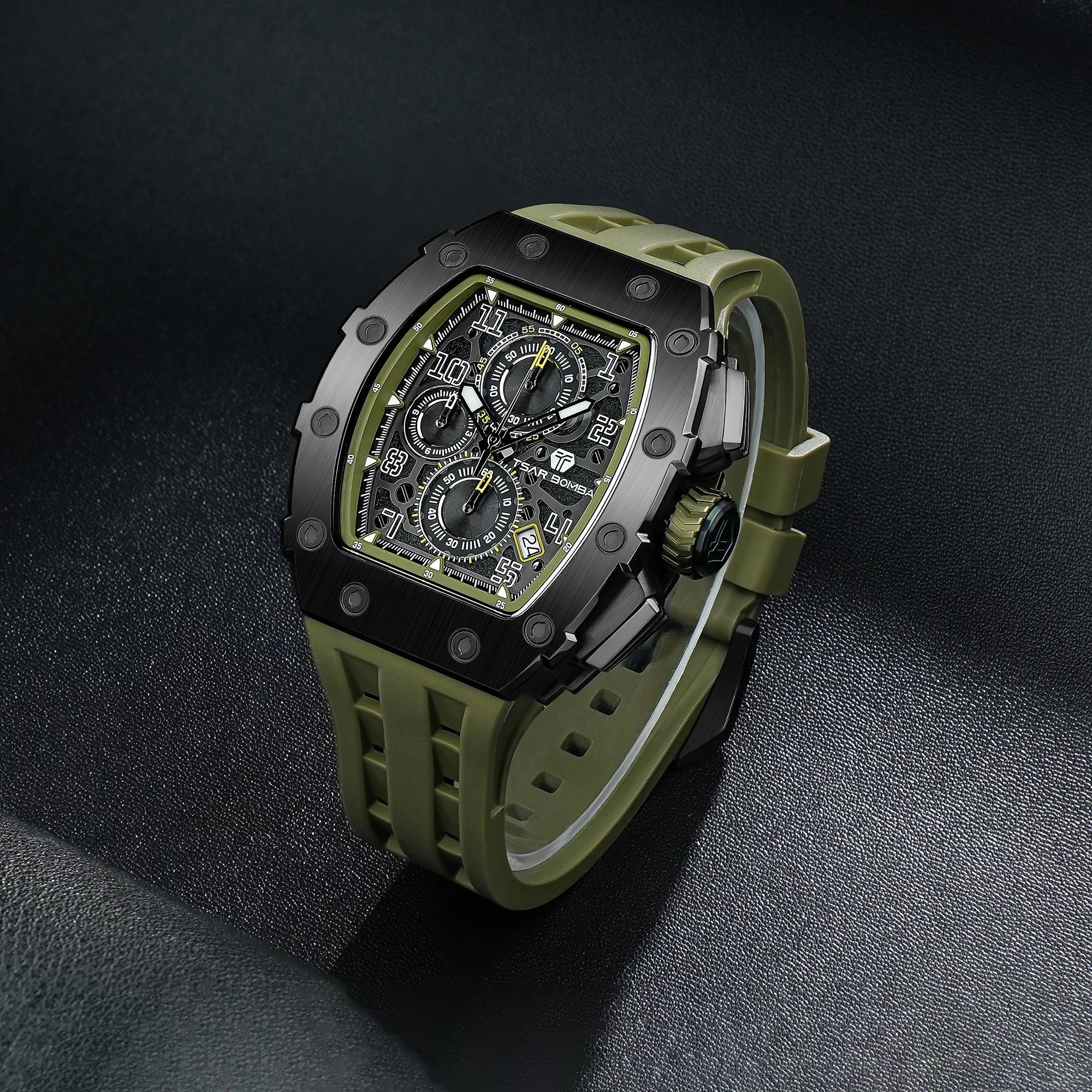 TSAR BOMBA Luxury Tonneau Quartz Watch for Men Japanese Movement, Stainless Steel Case,  Elegant Dress Wristwatch