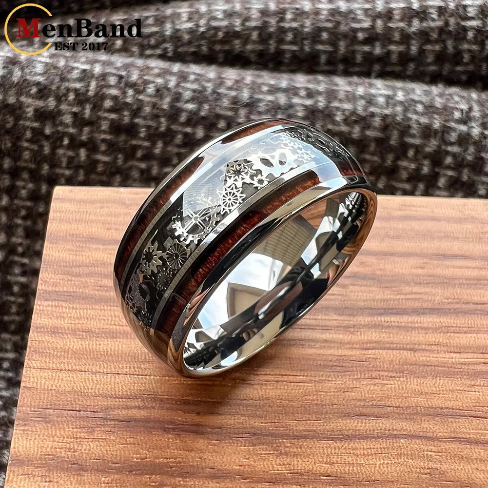 MenBand Finish 10MM Men Women Gear Ring Tungsten Wedding Band Domed With Wood Inlay Comfort Fit Size 7-15