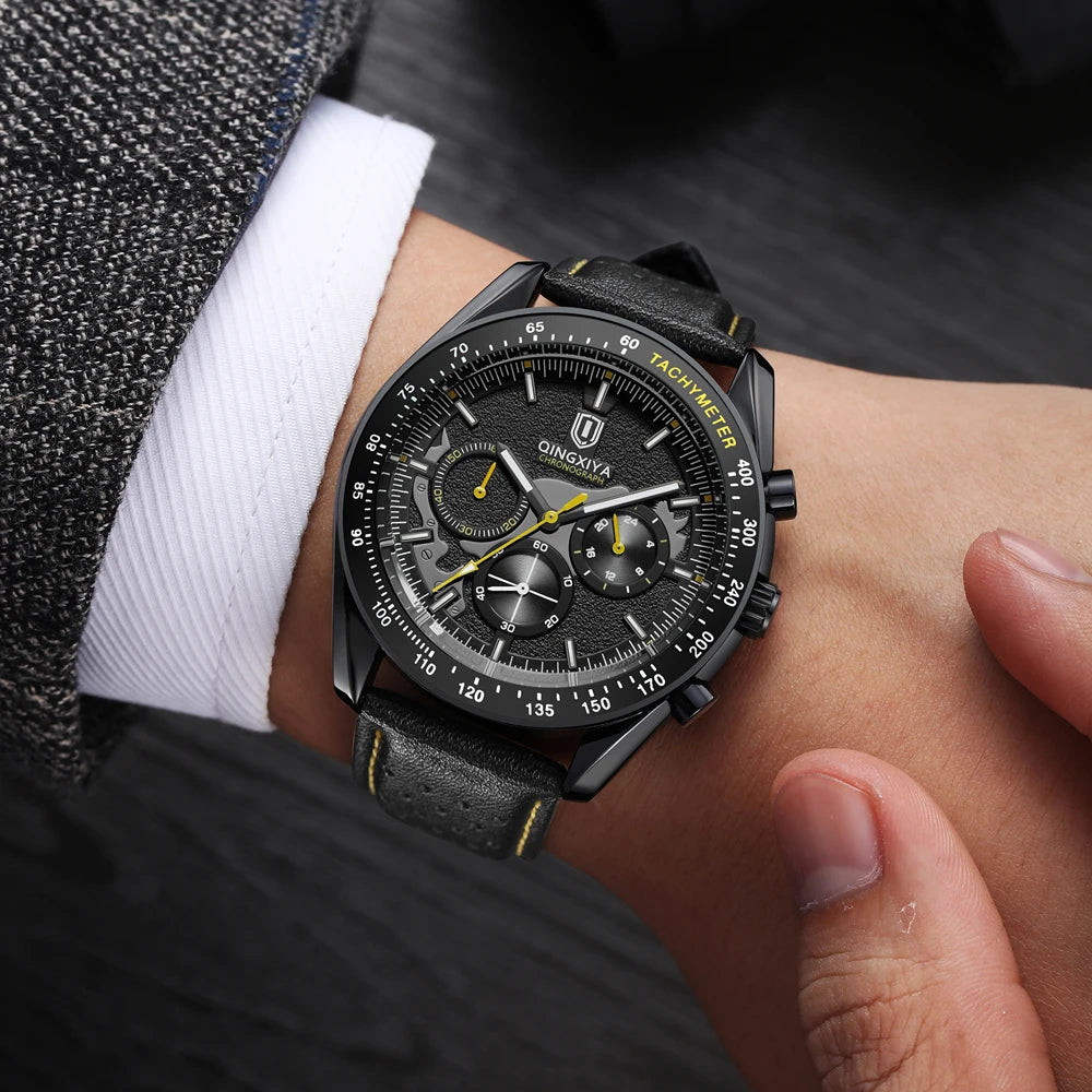 QINGXIYA Watch for Man Fashion Quartz Watch Leather Waterproof Luminous Skeleton Sport Chronograph Watches Mens Reloj Hombre