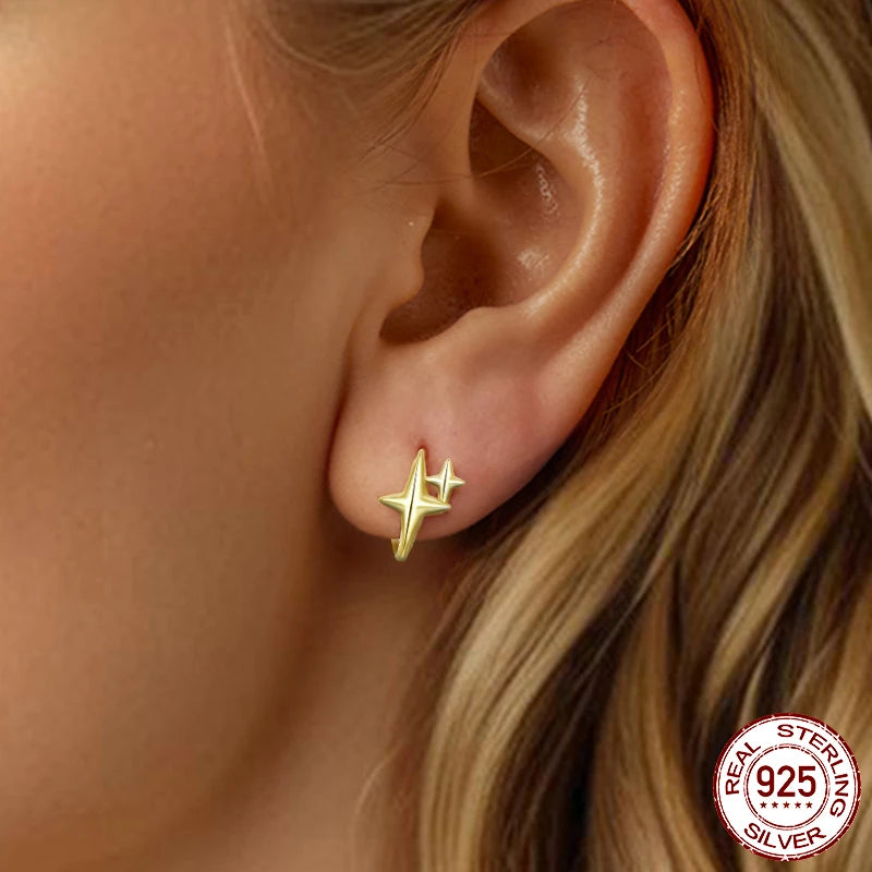 BAMOER Solid 925 Sterling Silver Starlight Hoop Earrings for Women Teens Double Star Huggie Earrings Minimalist Fine Jewelry