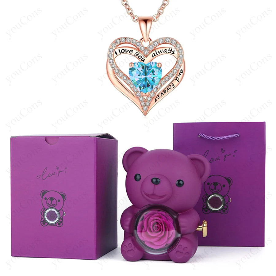 Red Heart Pendant Necklaces With Cute Bear Rose Gift Box For Women Mother Day 2026 Christmas Valentine Wedding Birthday Jewelry