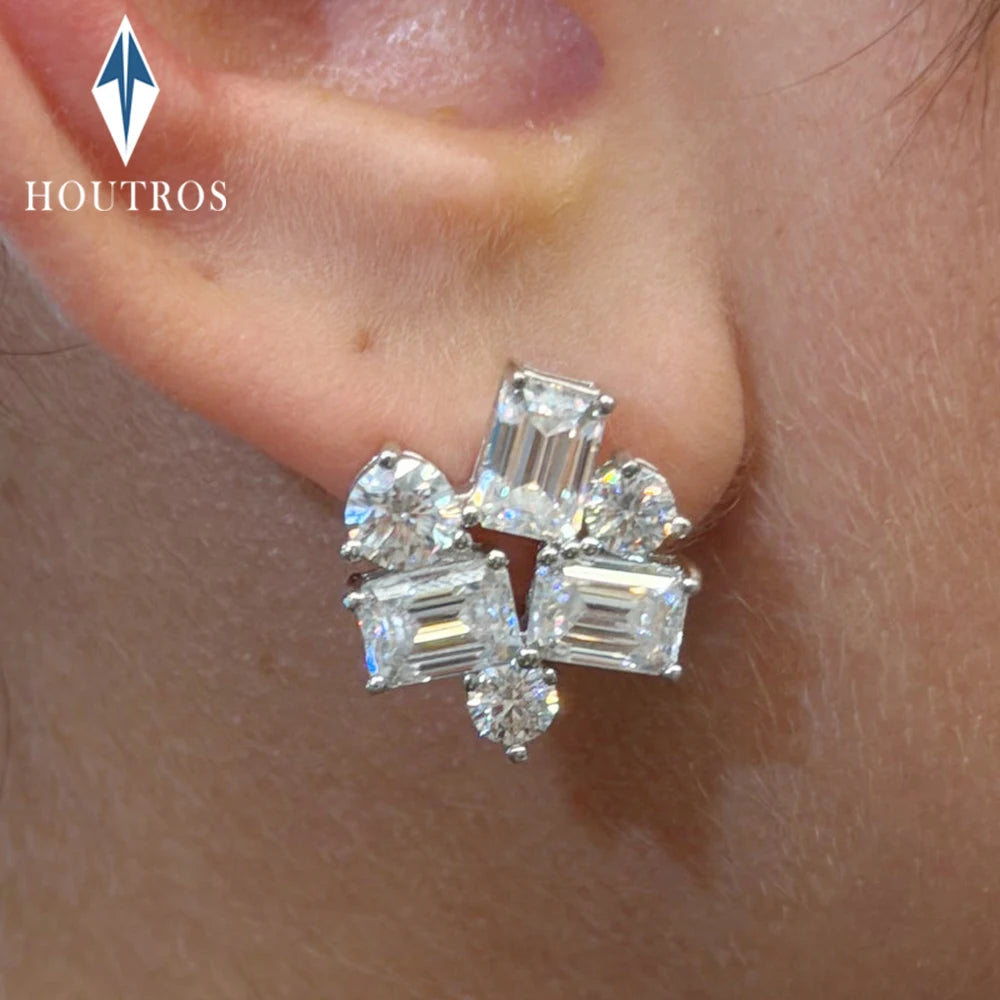 Emerald&Round Cut All Moissanite Hoop Earrings for Women S925 Silver Sparkling Multi Stone Diamond Stud Earrings Wedding Jewelry
