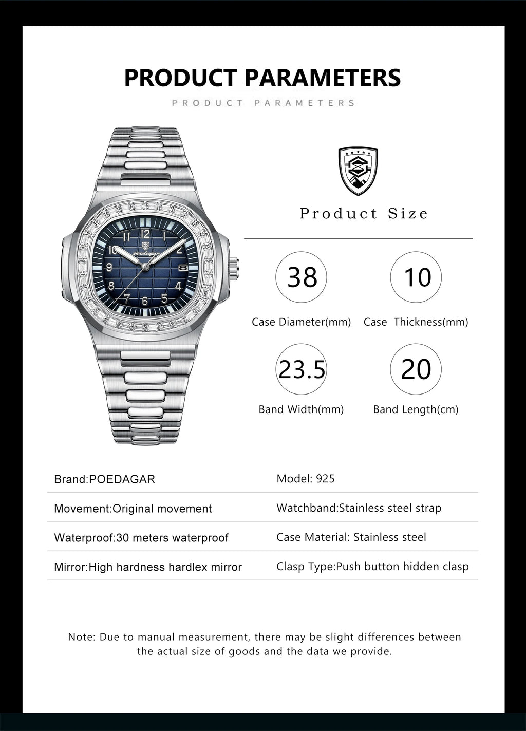 POEDAGAR Luxury Square Watches for Men Waterproof Luminous Date Man Wristwatch Stainless Steel Fashion Men's Quartz Watch Reloj
